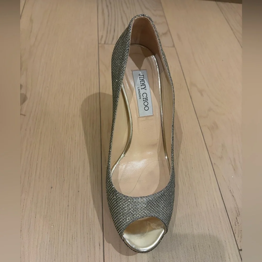 Jimmy Choo Metallic Gold Peep-Toe Pumps | Size 38.5